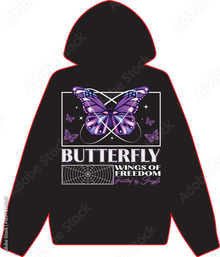A black hoodie featuring a graphic design of a vibrant purple butterfly with the words "Butterfly Wings of Freedom" on the back.