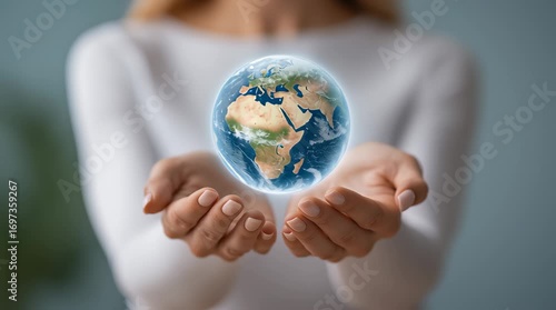 Glowing earth globe floating above hands symbolizing workplace evolution and global connection with care and responsibility in modern concept