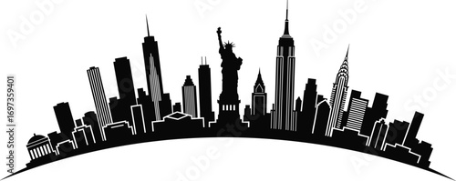 New York City skyline vector, silhouette illustration of Manhattan buildings, Statue of Liberty, Empire State, urban landmark scene, modern USA architecture