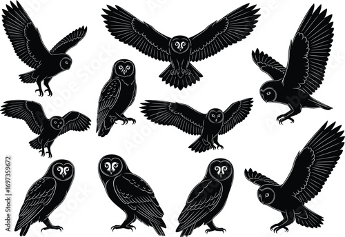 Set of owl silhouette illustrations, flying and standing positions, nocturnal bird vector, black and white wildlife design, forest raptor, predator icon