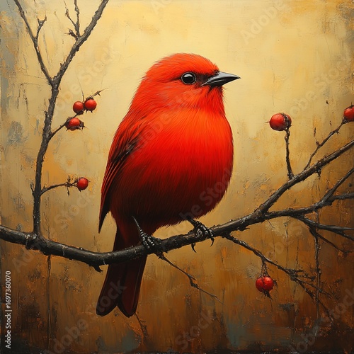 Red bird perched on berry-laden branch in oil painting style, traditional wildlife art, natural decorative illustration