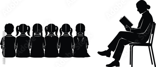 Teacher reading book to children, storytime in classroom, kids sitting on floor, education concept, black silhouette vector illustration for schools