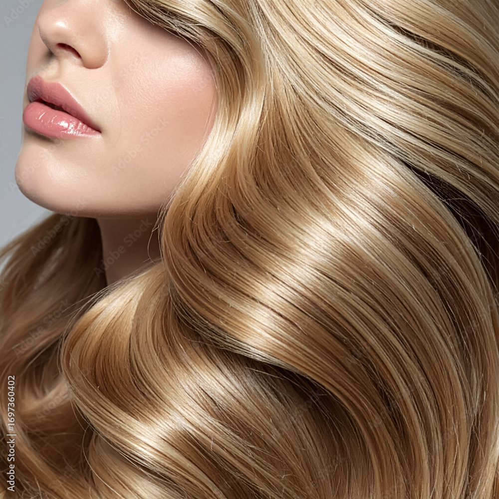 Fototapeta premium Golden Blonde Hair Waves with Glossy Shine for Salon Ads and Beauty Campaigns 