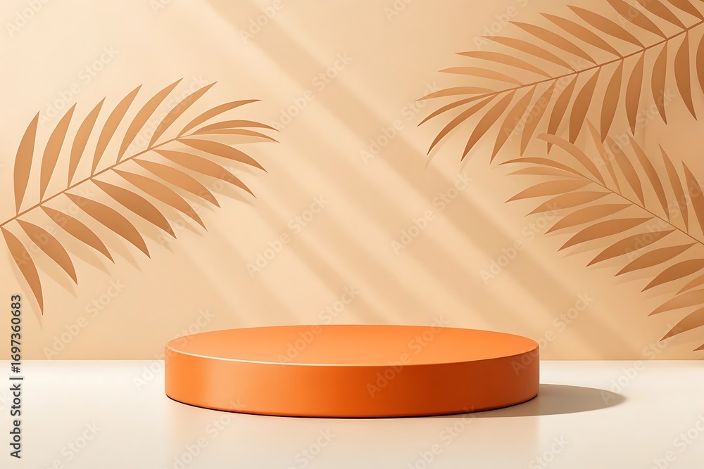 Obraz premium Orange Cylindrical Display Platform with Palm Leaf Shadows on a Peach Background podium cylinder