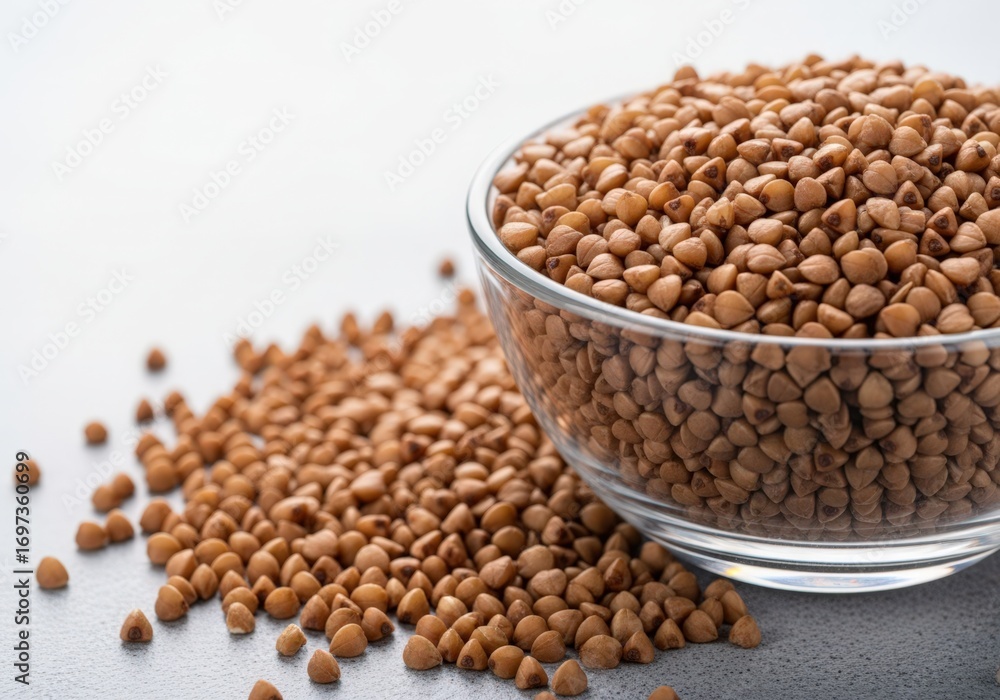 Obraz premium Buckwheat Groats in Glass Bowl, Grains Spilled