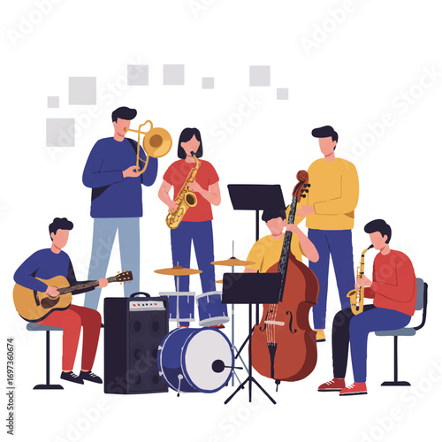 A drummer, a bassist, and a keyboardist are rehearsing together in a vibrant studio, presented as a clean 2D flat vector illustration featuring solid color shapes and a bright white background.