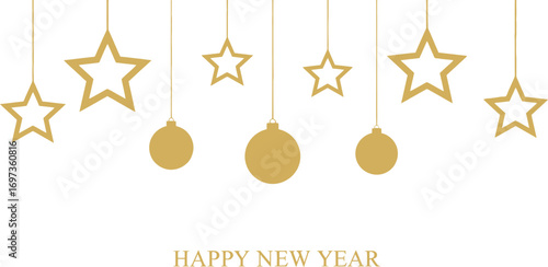 Golden stars and baubles hang against a clean white background, celebrating the new year with festive elegance.