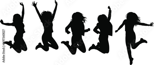 Joyful silhouettes of five young women leaping in unison against a white background