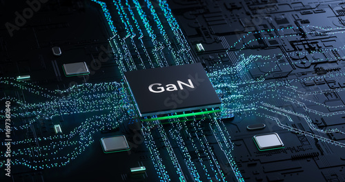 3D Rendering of GaN (Gallium Nitride) Semiconductor Chip on High - Tech Circuit Board for Power Electronics Visualization