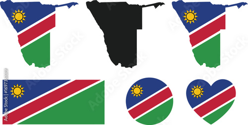 Collection of Namibian flag symbols and outlines on white background