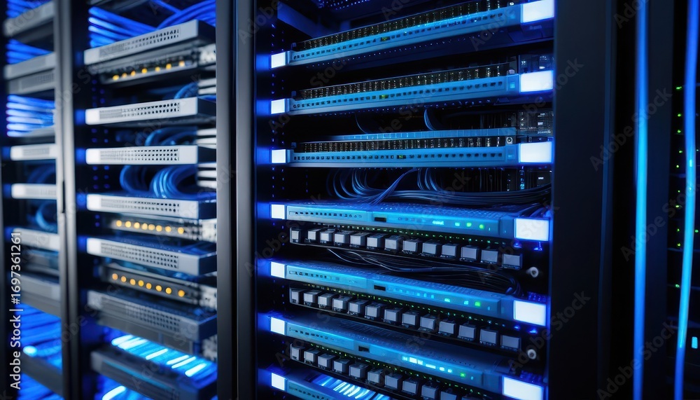 Naklejka premium Modern data center server racks with advanced networking hardware and blue LED lights organized in a professional IT infrastructure environment