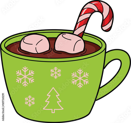 Cozy green mug filled with warm hot chocolate and marshmallows, decorated with festive holiday snowflakes and a candy cane.