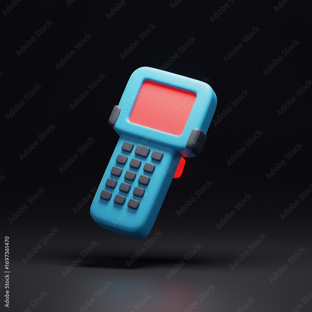 Obraz premium 3D render of a handheld barcode scanner. A modern icon for warehouse inventory management, logistics, and supply chain tracking technology.