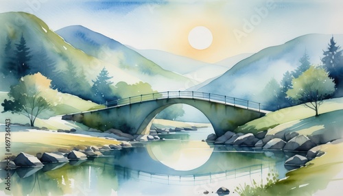 Serene watercolor landscape painting depicting a peaceful mountain scene with a bridge over a calm river du sunrise, surrounded by green trees and misty hills
