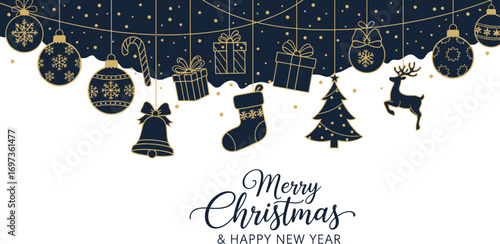Festive holiday ornaments and gifts hang joyfully, celebrating Christmas and New Year.