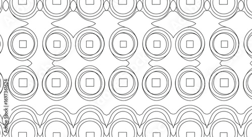 Abstract geometric pattern with circular and square elements in a repeating design