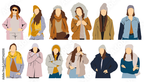 group of people wearing winter warm clothes autumn fashion jacket sweater scarf hat boots warm winter wear vector illustration