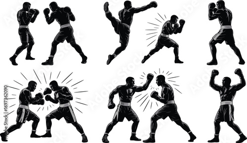 Boxing Silhouettes – Dynamic Fighting Poses, Punches, Victory Stance, and Action Illustrations of Male Boxers in Black Vector Style
