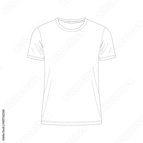 Outline of a white t-shirt with short sleeves and a round neck.