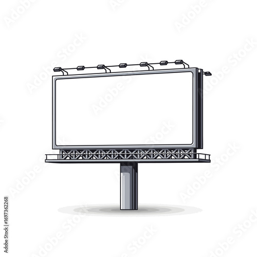 Blank outdoor billboard with lights on a sturdy pole, ready for advertising content, isolated on a white background.