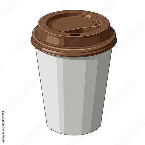 A light gray disposable coffee cup with a brown lid.