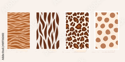 Collection of four abstract animal print patterns including zebra stripes leopard spots and polka dots