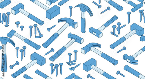 Creative pattern of blue hammers and nails, perfect for construction or DIY projects
