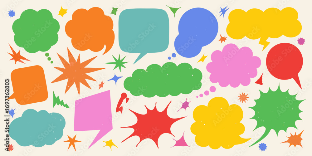 Fototapeta premium Vibrant collection of colorful comic book style speech bubbles and starbursts on a light background