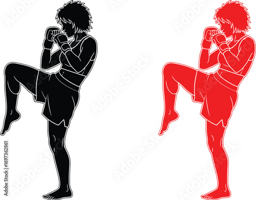 Dynamic silhouette of a woman performing a martial arts kick in training