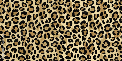 Seamless leopard print pattern with black spots on a tan background for fashion and design