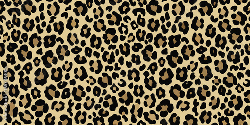 Classic leopard print seamless pattern with black and tan spots on beige background