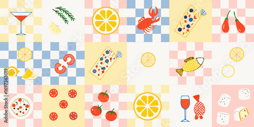 A vibrant and playful collection of food and drink illustrations arranged on a checkered background