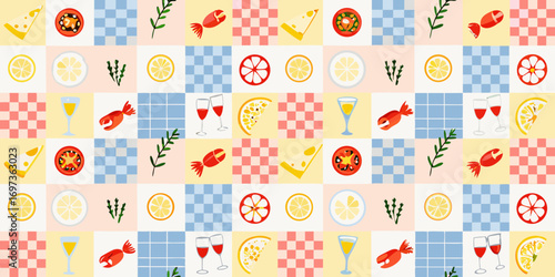 A whimsical pattern of food and drink elements on a pastel checkered background