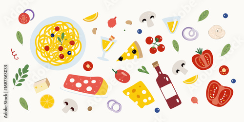 A vibrant flat lay illustration of italian food ingredients including pasta pizza cheese tomatoes mushrooms and wine