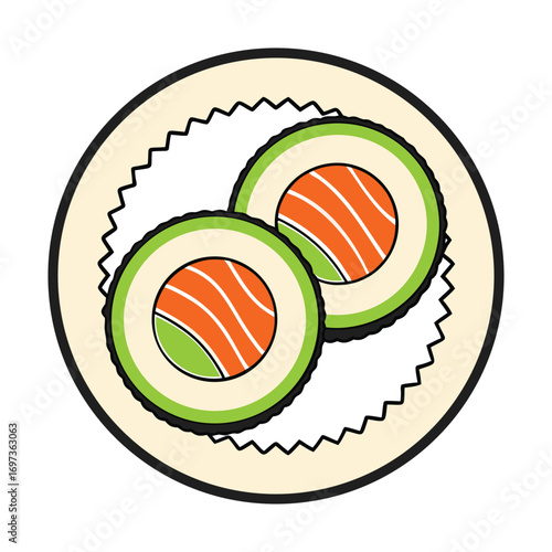 Simple graphic illustration of two salmon avocado sushi maki rolls