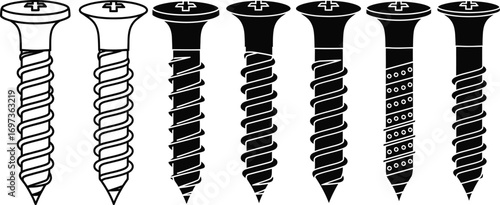 Collection of various screws with different thread patterns and colors, isolated on white