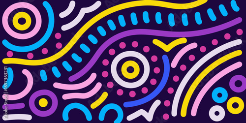 Vibrant abstract pattern with colorful wavy lines dots and circles on a dark background