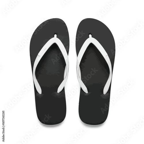 Black flip-flops with white straps on a white background.