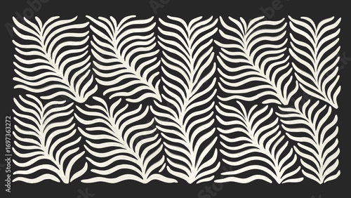 Abstract organic pattern of flowing white fern fronds on a dark background