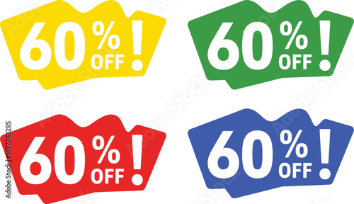 Brightly colored sale tags offer a 60% discount, perfect for promotions and special offers.