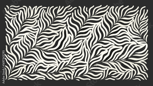 Abstract black and white organic wavy stripes pattern resembling leaves or zebra print
