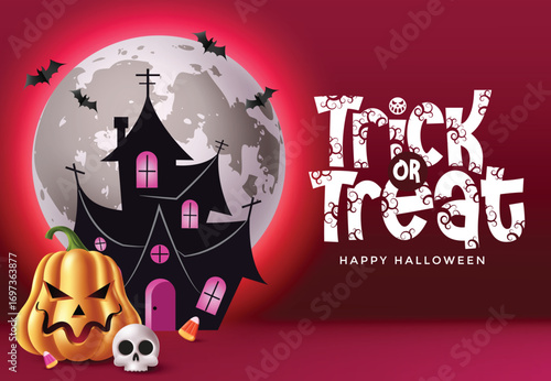 Festive Halloween clipart with haunted house, glowing moon, scary pumpkin, bats, and skull. Ideal for invitations, trick or treat flyers, party banners, greeting cards, and seasonal holiday designs.