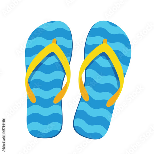 A pair of blue flip-flops with yellow straps and a wavy pattern, perfect for summer.