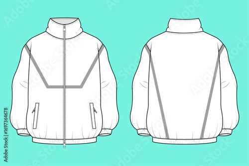 Men's Activewear Zip Through High Neck Jacket Fashion Flat Sketch CAD Mockup Template.