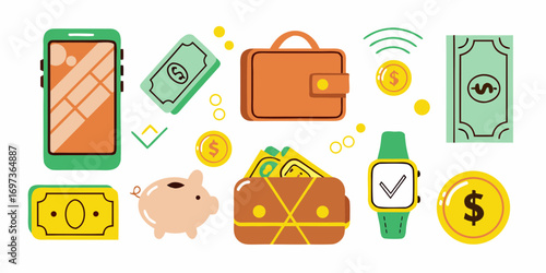Collection of financial icons including a smartphone wallet piggy bank cash coins and smartwatch