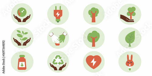Collection of flat design icons representing environmental protection sustainability and nature conservation concepts