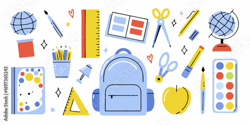 Collection of colorful cartoon school supplies and stationery items arranged on a white background