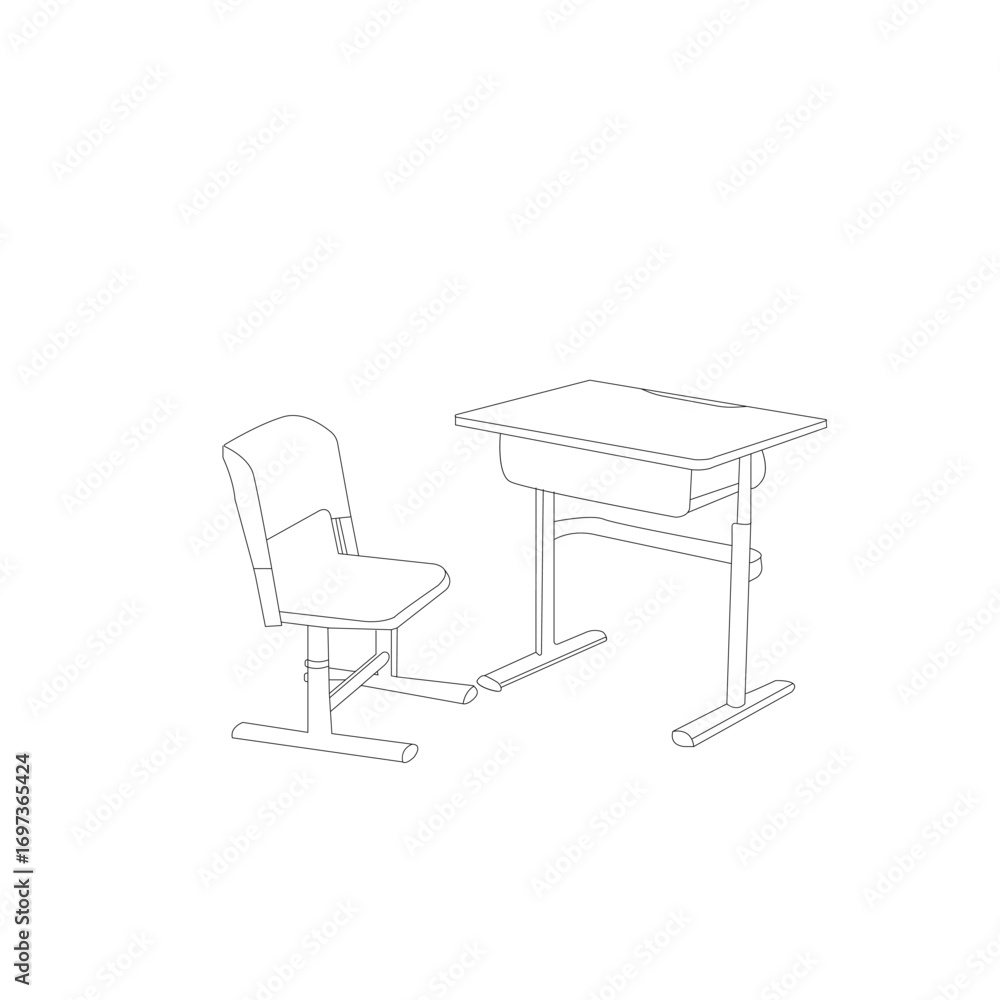Fototapeta premium WebA clean, line art illustration of a student desk and chair, perfect for educational resources, furniture catalogs, or back-to-school marketing.