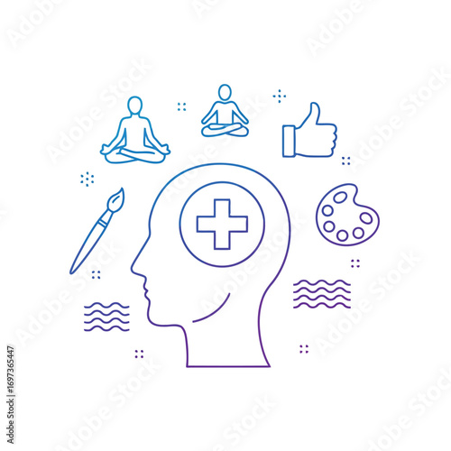 Outline of a human head with a medical cross inside, surrounded by icons representing mental health, meditation, art, and positivity.