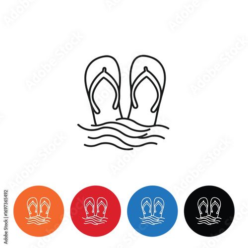 Line art illustration of a pair of flip-flops standing in water, with four color variations.